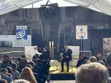 Pope Francis attends a meeting with the Jewish community in Rybné Square in Bratislava, Slovakia, Sept. 13, 2021.